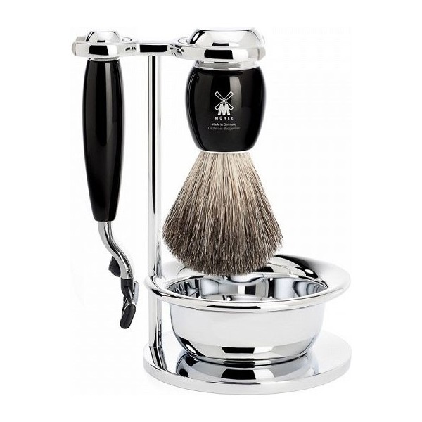 MÜHLE VIVO, Mach3® + pędzel + miseczka + stojak, borsuk Pure Badger, czarny