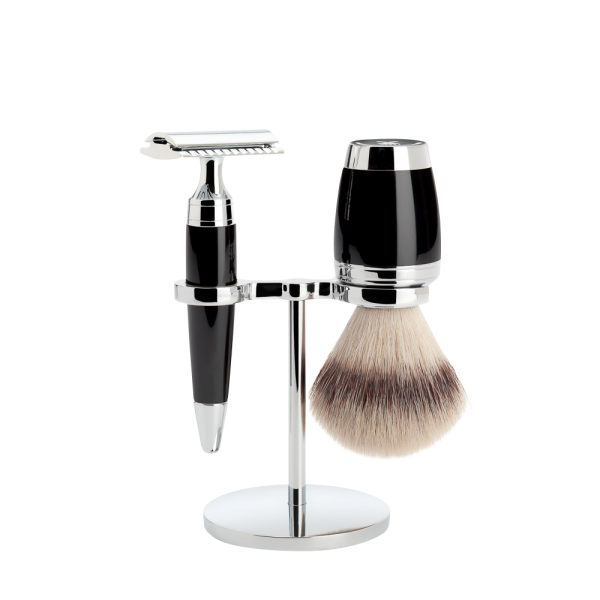 MÜHLE STYLO, maszynka na żyletki + pędzel + stojak, wysokiej klasy Silvertip Fibre®, czarna żywica